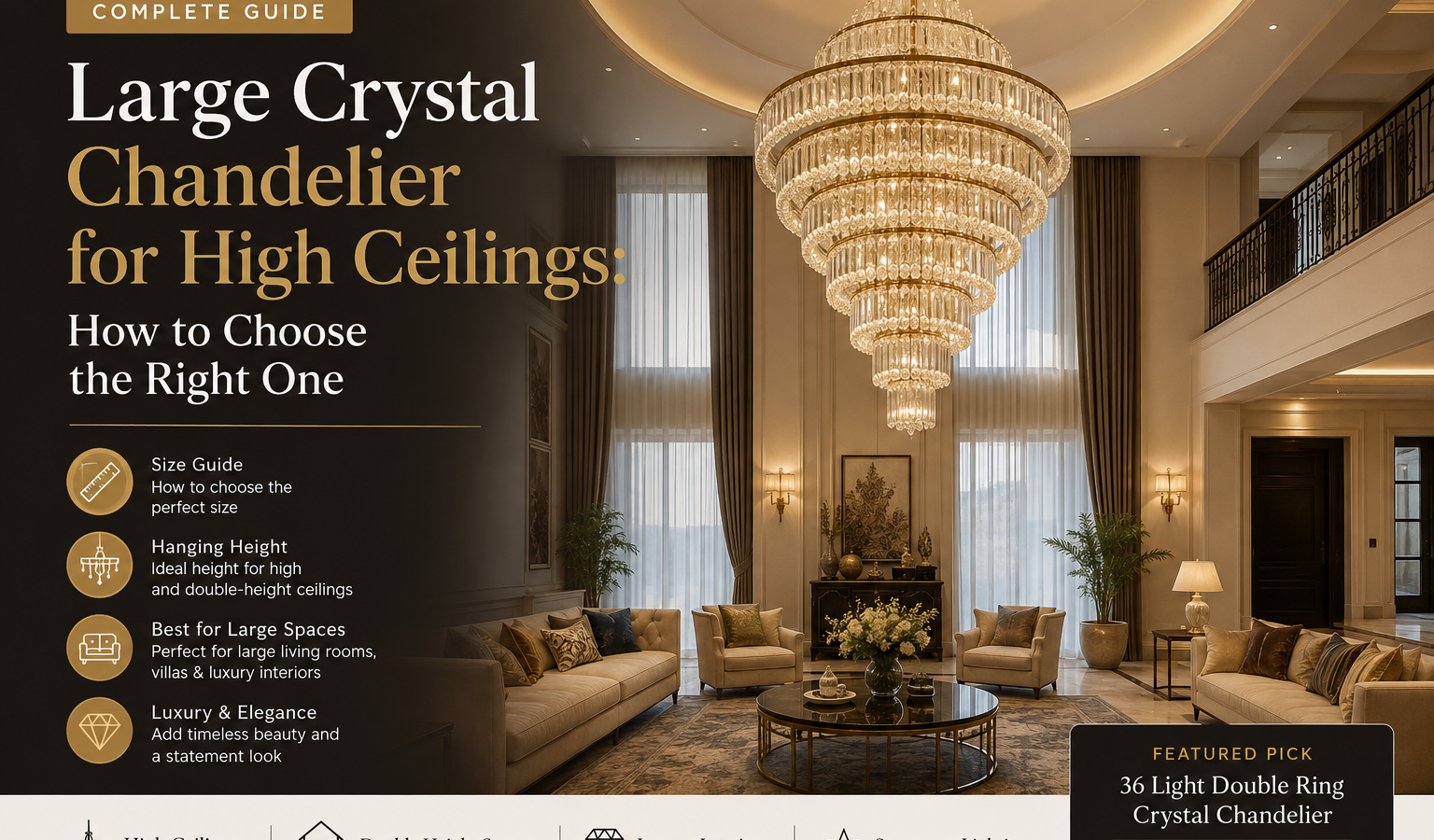 Large crystal chandelier for high ceilings in a luxury living room